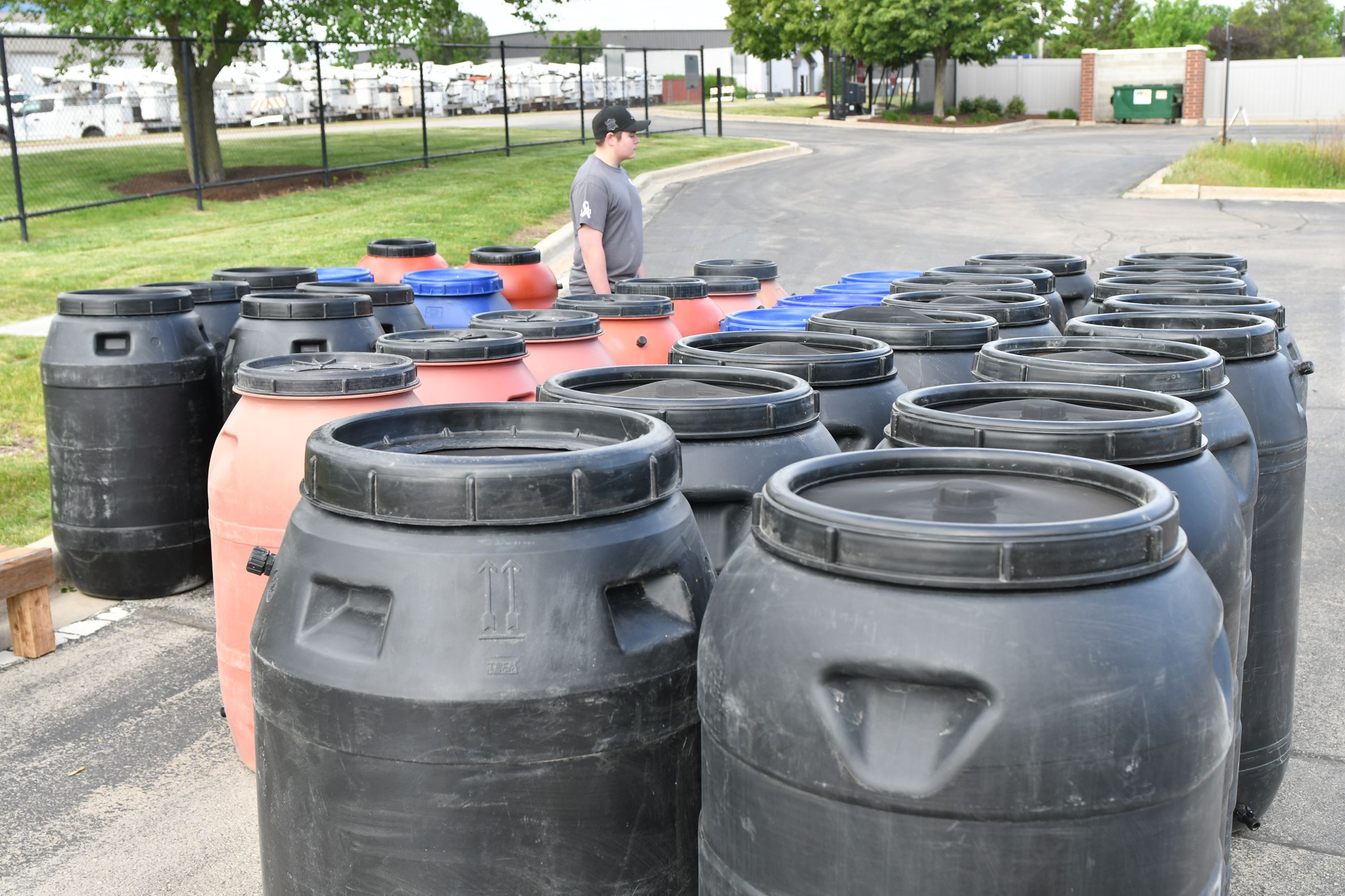 Picture of rain barrels purchased by residents and picked up at Public Works Open House