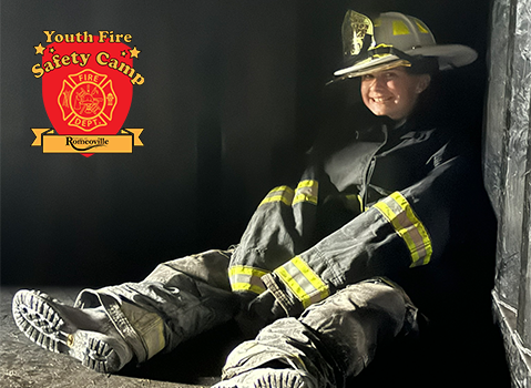 Boy dressed in fire fighter gear
