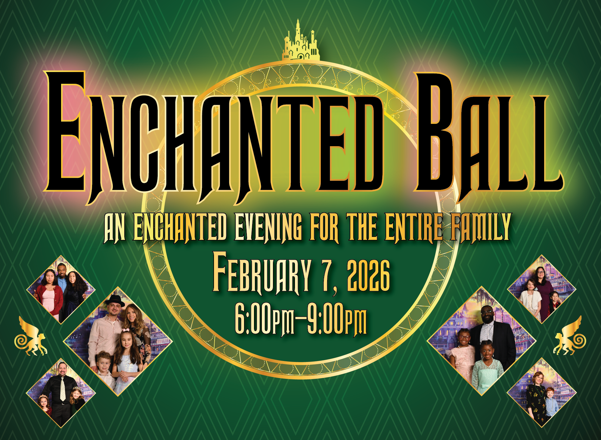 Wickedly Enchanted Ball in art deco style with emerald greens, pinks and golds