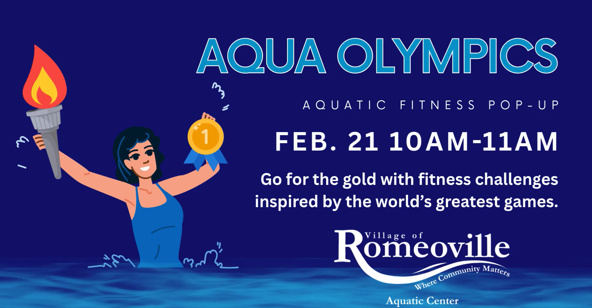 illustration of woman in pool holding up a torch and gold medal for themed pop up class