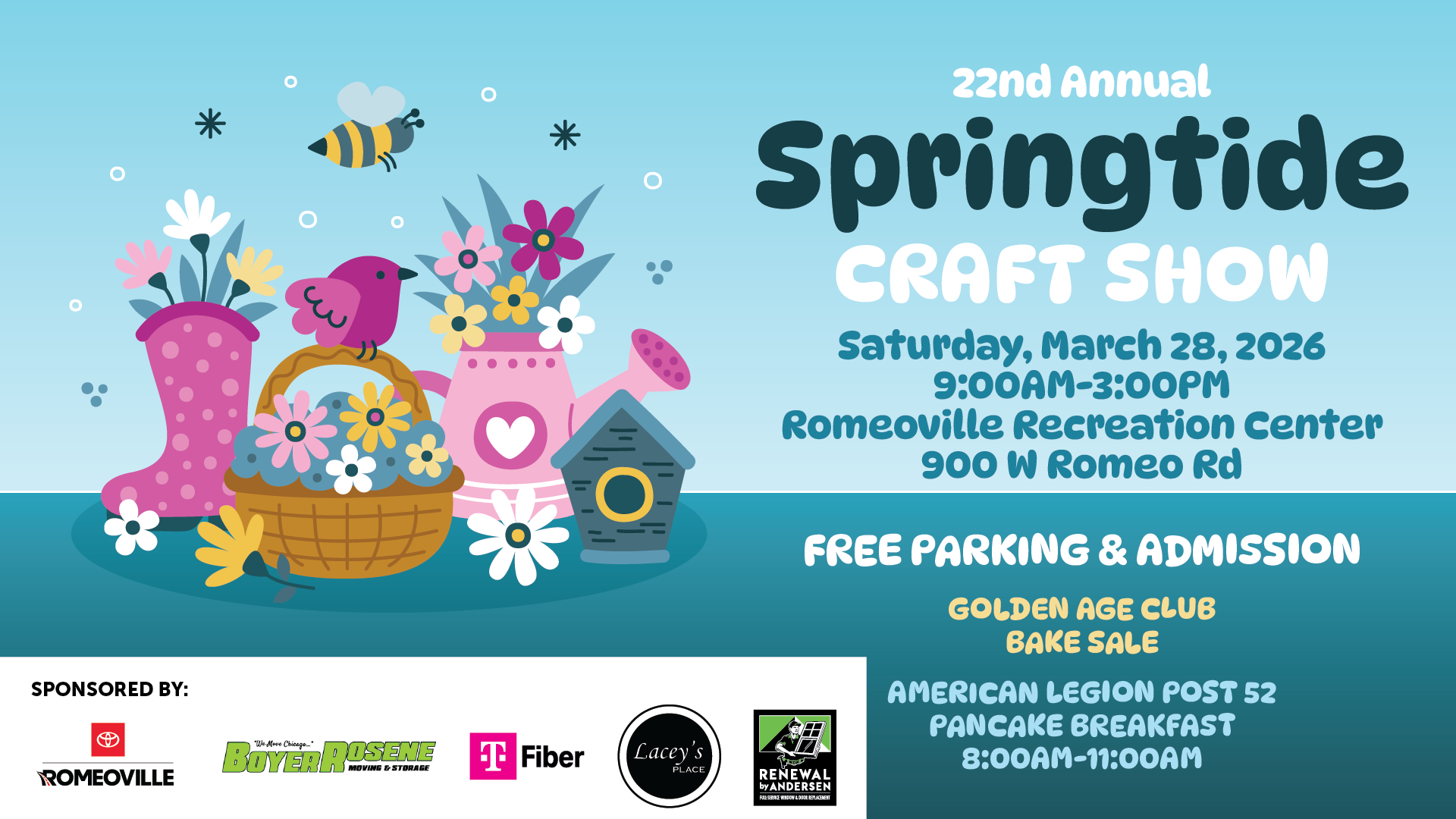 illustration with flowers, bird, bird house, bee, basket and rain boot