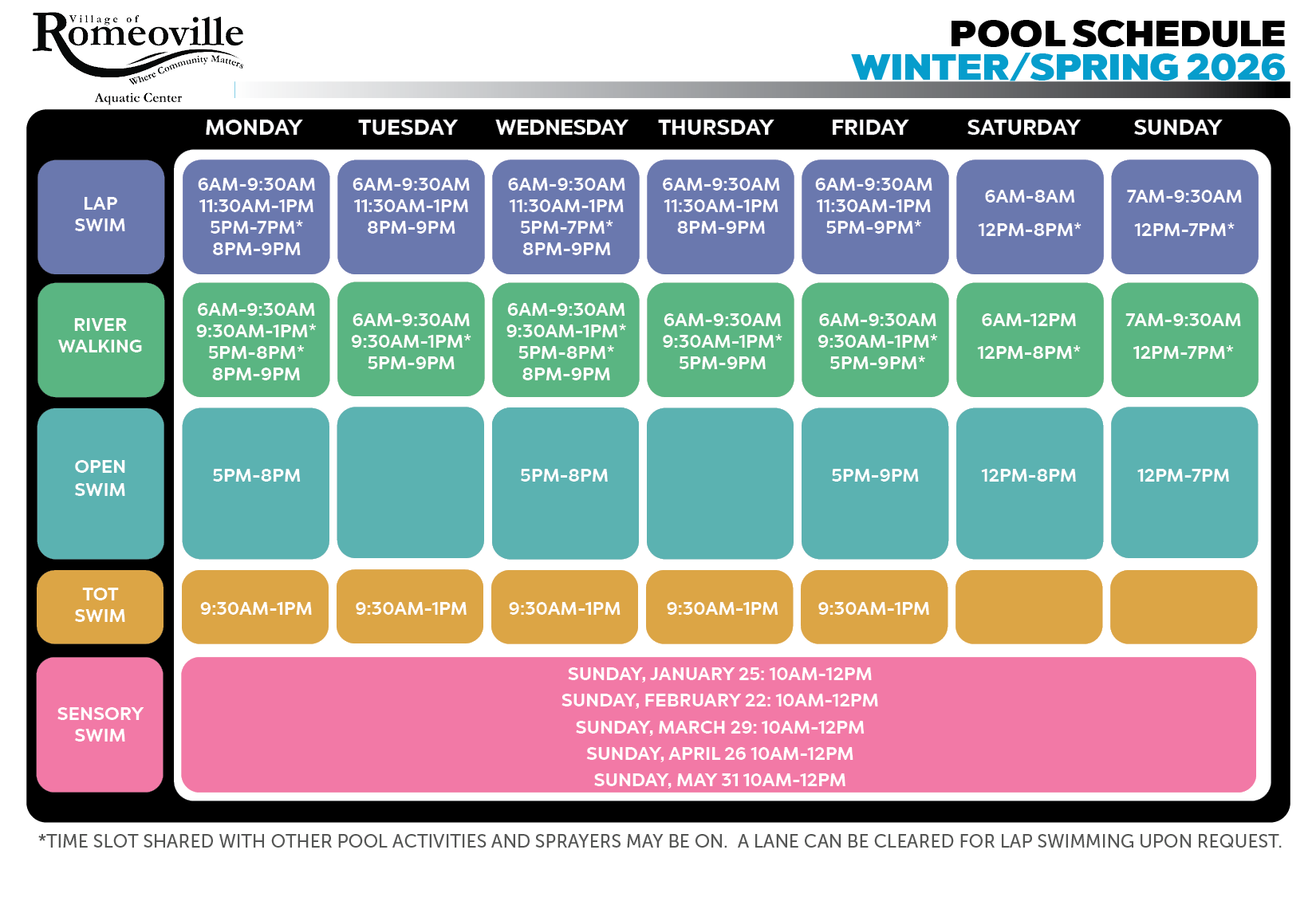 includes days and hours of operation for Open Swim, Tot Swim, Lap Swim, River Walking and Sensory Sw